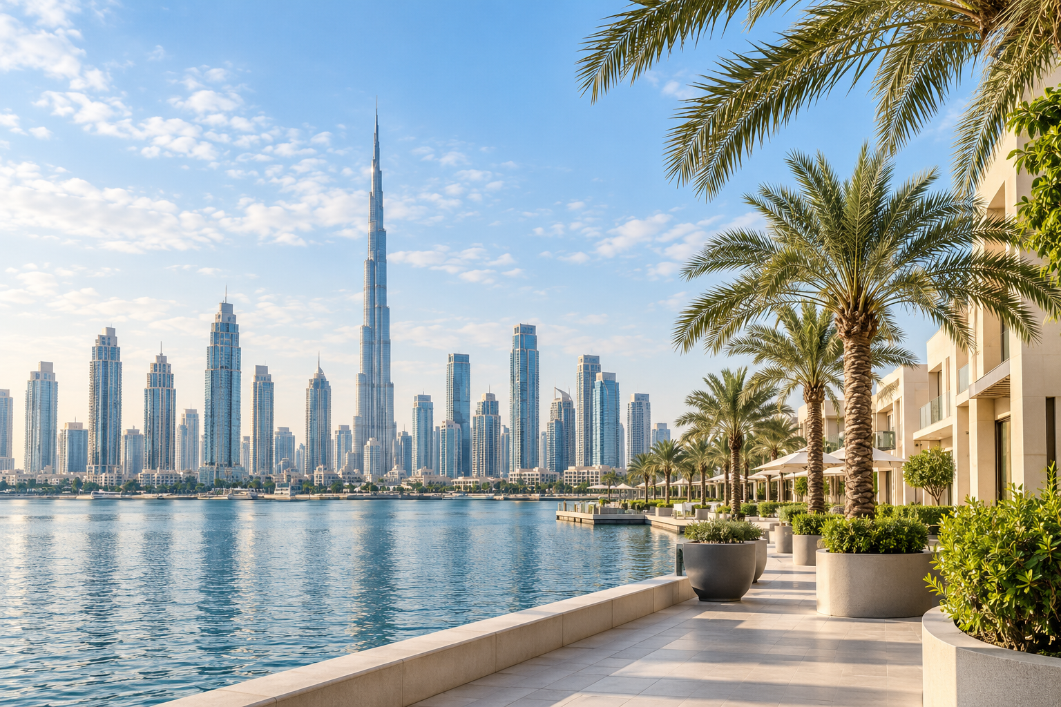 Sunlit Dubai waterfront, palm trees and skyline
